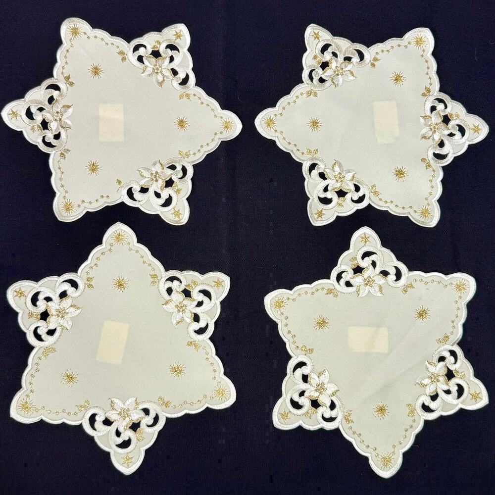 Set 4 German Embroidered Christmas Doilies Star Shaped Gold Thread 9” Table Mats